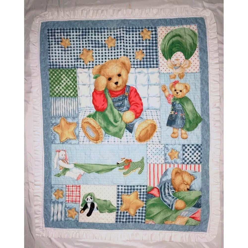 Blue Jean Teddy Bear Handmade Baby Crib Blanket Quilt Girl Boy Stars 34x44 White